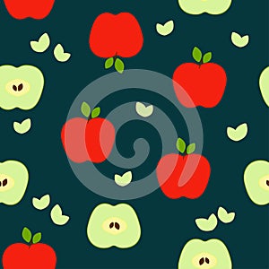 Seamless pattern: apples and halves of apples in vector flat style on a dark background.